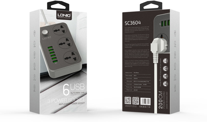 3.4A International Power Socket 6 USB Port 2m Ireland Plug Charging Socket